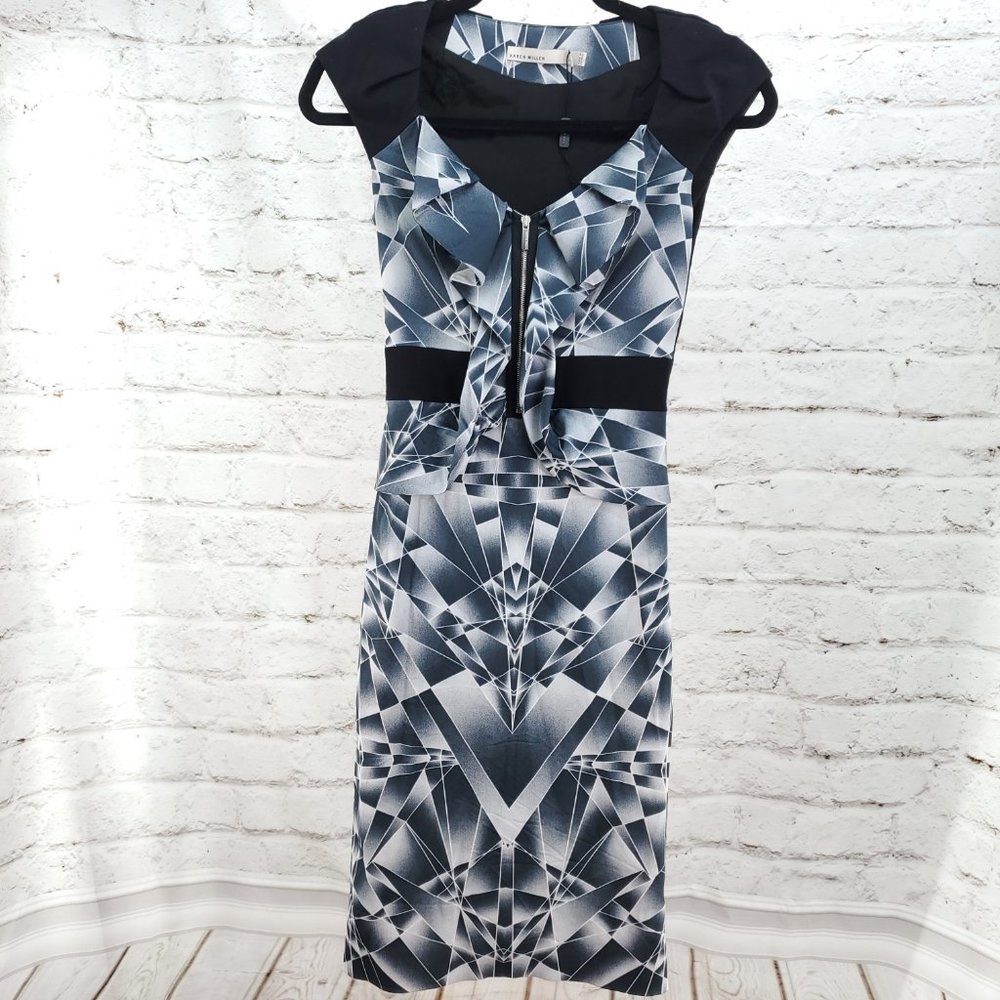 Karen Miller Womens Gray Black Printed Faux Front Zip Peplum Bodycon Dress Sz 2